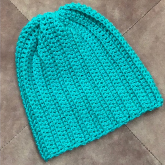 Winter beanie hat bright teal ski hat New hand crochet by me - Picture 3 of 4